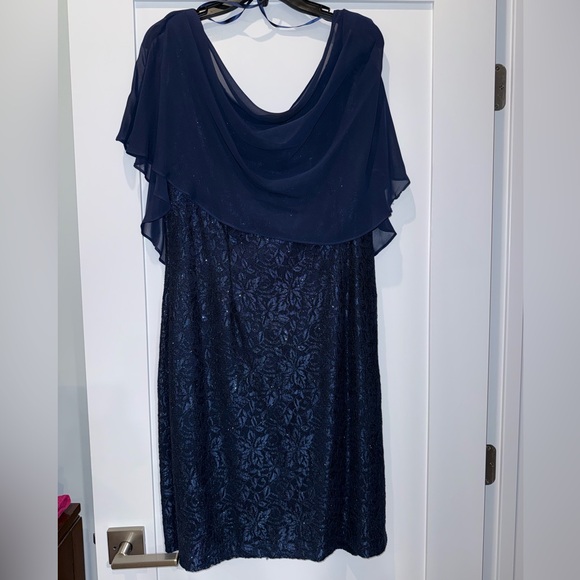 Jessica Dresses & Skirts - Jessica H Navy Lace Midi Dress with Draped Chiffon Yoke